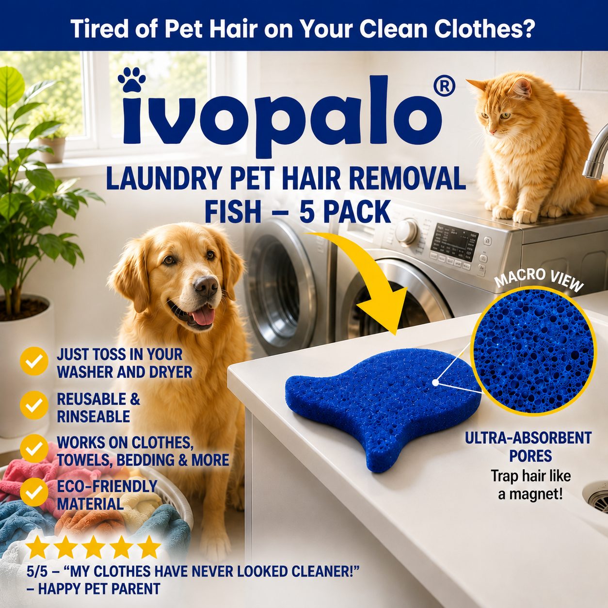 up⏳LAST DAY BUY 2 GET 1 FREE!💦 Laundry Pet Hair Removal Fish - 5 Pack
